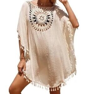 LA Class Crochet Swim Cover Up Women‎ S/M White Excellent Boho Fringe Crepe 7335